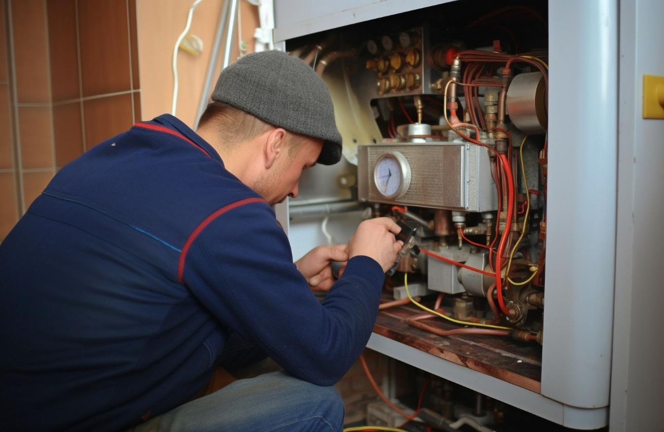 Technician repairing a furnace, highlighting the importance of professional HVAC support for homeowners in Shorewood during winter.